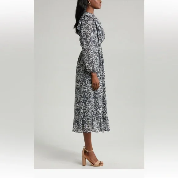 Sam Edelman Navy Wallpaper Paisley Smocked Waist Long Sleeve Dress NwT - Picture 4 of 6